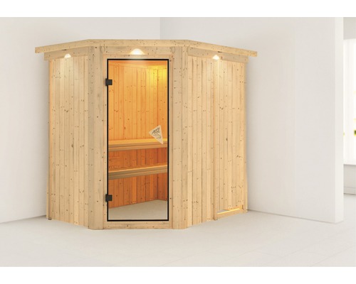 Sauna modulaire Karibu Carina sans poêle avec couronne et porte entièrement vitrée coloris bronze
