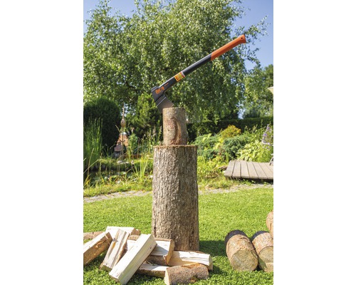Holzspalter Axt auf einem Holzscheit im Garten