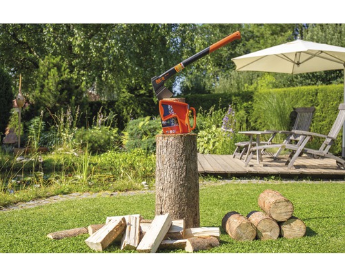 Spaltaxt und Holzscheite im Garten