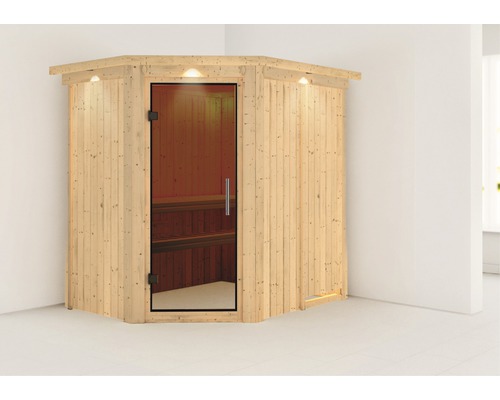 Sauna modulaire Karibu Carina sans poêle avec couronne et porte entièrement vitrée coloris graphite