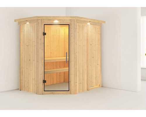 Sauna modulaire Karibu Carina sans poêle avec couronne et porte entièrement vitrée transparente