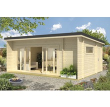 Abri de jardin en bois avec portes coulissantes, fenêtre et porte latérale dans le jardin
