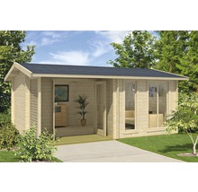 Abri de jardin en bois avec terrasse et fenêtres