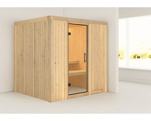 Sauna modulaire Karibu Sodina sans poêle et couronne, avec porte entièrement vitrée en verre transparent