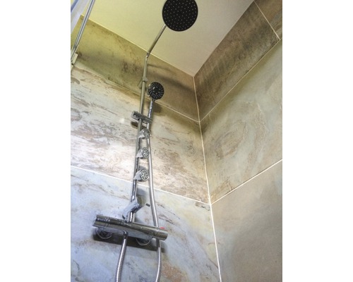 Colonne de douche avec douche de tête et douchette à main dans la salle de bain.