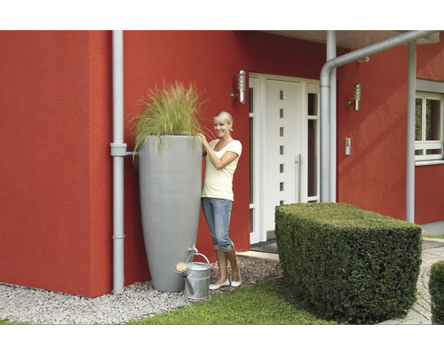 Scène avec réservoir d''eau de pluie, plantation et arrosoir devant une maison.