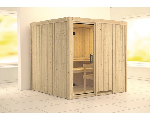 Sauna modulaire Karibu Rodina sans poêle ni couronne, avec porte entièrement vitrée en verre transparent