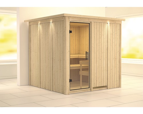 Sauna modulaire Karibu Rodina sans poêle, avec couronne, avec porte entièrement vitrée en verre transparent