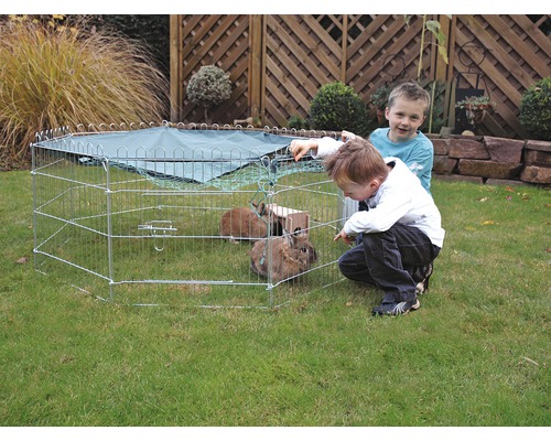 Enclos extérieur grillagé avec couverture, dans le jardin avec des enfants et des lapins