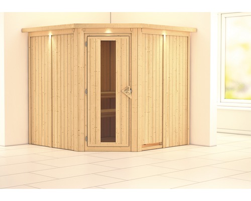 Sauna modulaire Karibu Piemon sans poêle, avec couronne et porte en bois avec verre isolé thermiquement