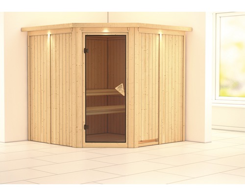 Sauna modulaire Karibu Piemon sans poêle avec couronne et porte vitrée coloris bronze