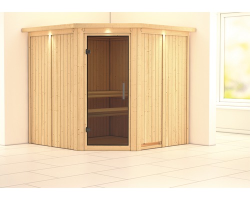 Sauna modulaire Karibu Piemon sans poêle, avec couronne et porte vitrée coloris graphite