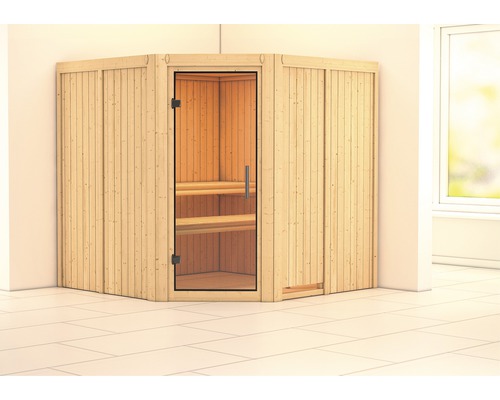 Sauna modulaire Karibu Jarina sans poêle et couronne avec porte entièrement vitrée transparente