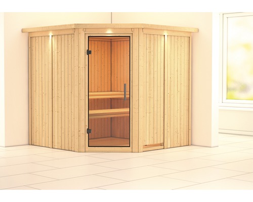 Sauna modulaire Karibu Piemon sans poêle, avec couronne, avec porte entièrement vitrée en verre transparent