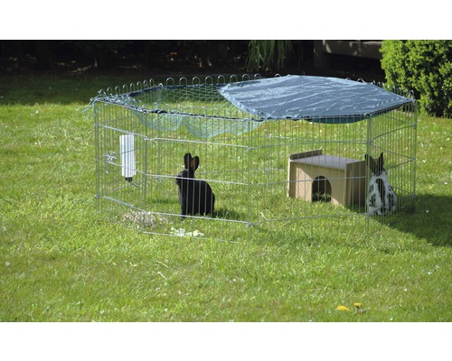 Parc d''éveil avec clapier et deux lapins sur une pelouse