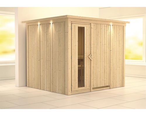 Sauna modulaire Karibu Gobina sans poêle avec couronne et porte en bois avec verre isolé thermiquement