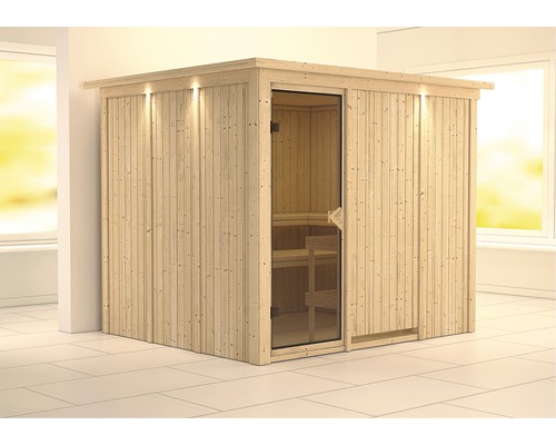 Sauna modulaire Karibu Gobina sans poêle avec couronne et porte vitrée coloris bronze