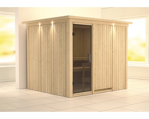 Sauna modulaire Karibu Gobina sans poêle avec couronne et porte entièrement vitrée coloris graphite