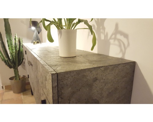 Betonkommode mit Topfpflanzen als Dekoration