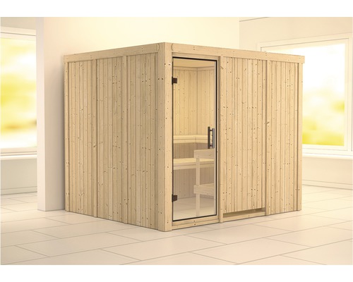 Sauna modulaire Karibu Gobina sans poêle et couronne avec porte entièrement vitrée transparente