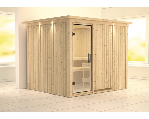 Sauna modulaire Karibu Gobina sans poêle avec couronne et porte entièrement vitrée transparente