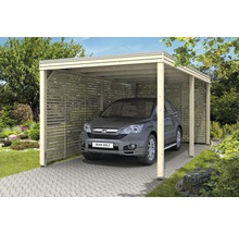 Carport en bois avec paroi latérale et voiture garée