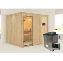Sauna modulaire Karibu Gobina avec poêle 9 kW et commande externe avec couronne et porte entièrement vitrée transparente-thumb-0