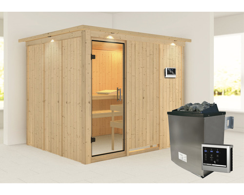 Sauna modulaire Karibu Gobina avec poêle 9 kW et commande externe avec couronne et porte entièrement vitrée transparente-0