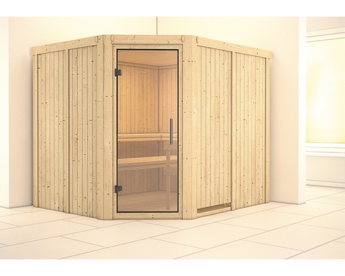 Sauna modulaire Karibu Malina sans poêle et couronne avec porte entièrement vitrée transparente