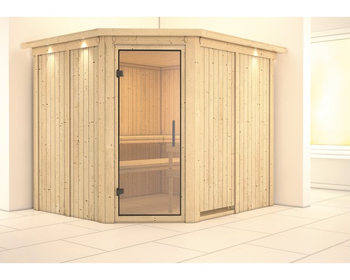 Sauna modulaire Karibu Malina sans poêle avec couronne et porte entièrement vitrée transparente