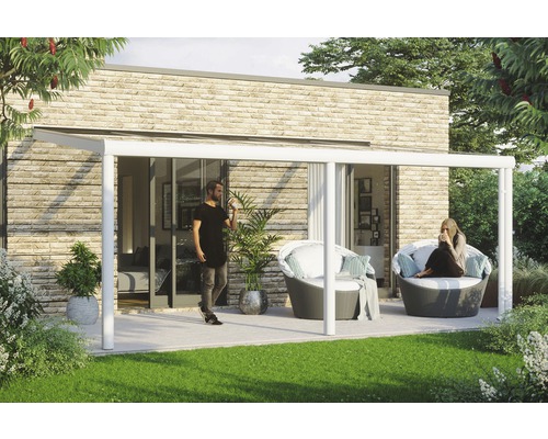 Toiture pour terrasses Garda, 541x257 cm, aluminium, blanc Pergola moderne avec coin salon dans le jardin