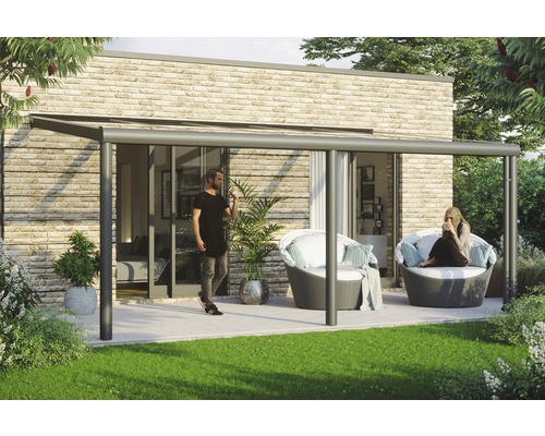 Toiture pour terrasses Garda, 541x307 cm, aluminium, anthracite Toiture de terrasse avec deux personnes et mobilier de jardin