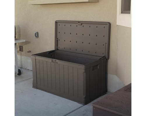 Coffre de jardin en plastique ouvert pour rangement extérieur