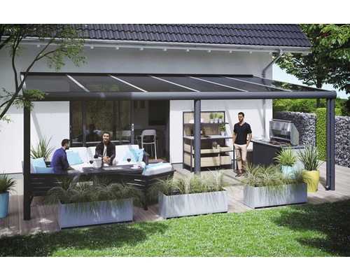 Toiture pour terrasses Garda, 648x307 cm, aluminium, anthracite Terrasse avec toit de terrasse, coin salon, barbecue et décoration