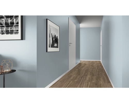 Flur mit Holzboden, weißen Türen und gerahmten Bildern an den Wänden.