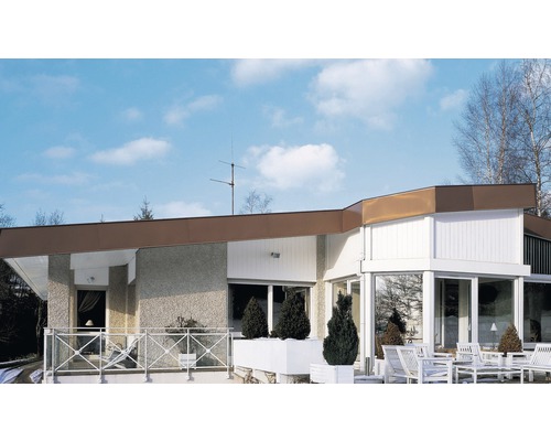 Façade de maison avec toit plat et façade vitrée
