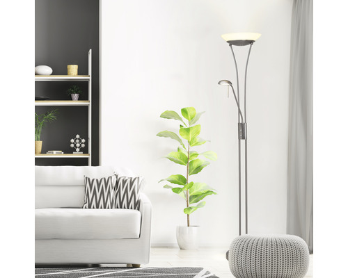 Salon avec canapé, lampadaire et étagère pour une ambiance claire et moderne.