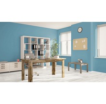 Bureau moderne avec bureau, étagère et fournitures de bureau pour un environnement de travail organisé.