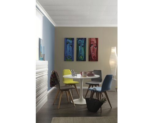 Salle à manger avec table, chaises et éléments de plafond