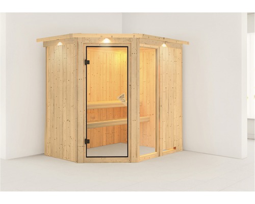 Sauna modulaire Karibu Siona 1 sans poêle, avec couronne et porte vitrée coloris bronze