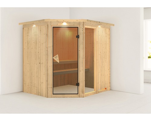 Sauna modulaire Karibu Siona 2 sans poêle, avec couronne et porte vitrée coloris bronze