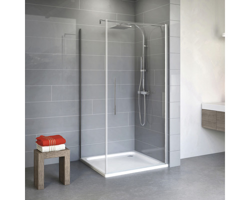 Porte de douche avec paroi latérale avec porte pivotante SCHULTE Alexa Style 2.0 ExpressPlus 90 x 90 cm profilé aluminium verre transparent revêtement de verre résistant à la saleté y compris receveur de douche Cabine de douche avec receveur dans une salle de bain lumineuse