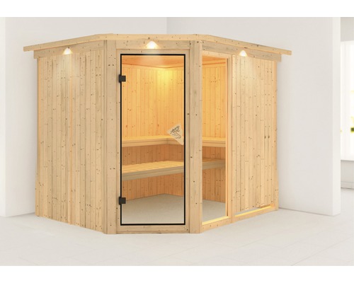 Sauna modulaire Karibu Siona 3 sans poêle, avec couronne et porte vitrée coloris bronze