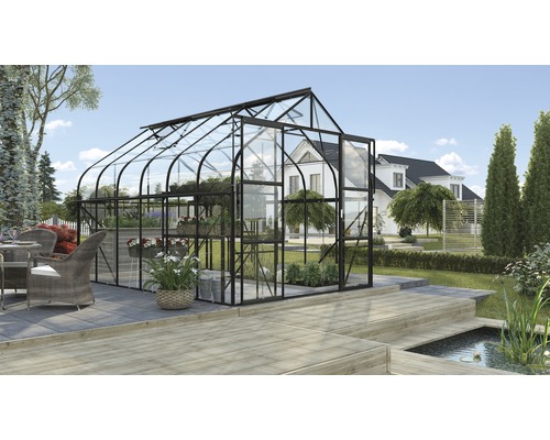 Gewächshaus Vitavia Diana 9900 Einscheibensicherheitsglas 3 mm 264x383 cm schwarz Gewächshaus mit Glas und Metallrahmen im Garten