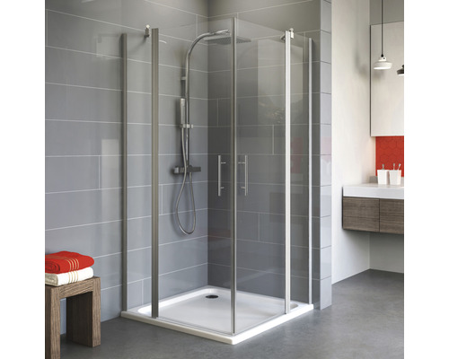 Accès d'angle avec porte battante SCHULTE Alexa Style 2.0 ExpressPlus 90 x 90 cm couleur du profilé aluminium décor de vitre verre transparent avec verre antitache butée de porte à gauche butée de porte à droite Cabine de douche carrée avec receveur dans une salle de bains carrelée moderne.