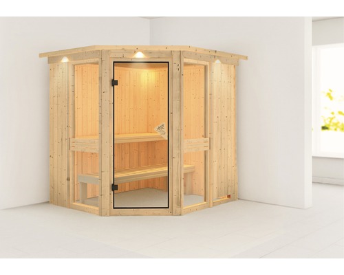 Sauna modulaire Karibu Omelia 1 sans poêle avec couronne et portes entièrement vitrées coloris bronze