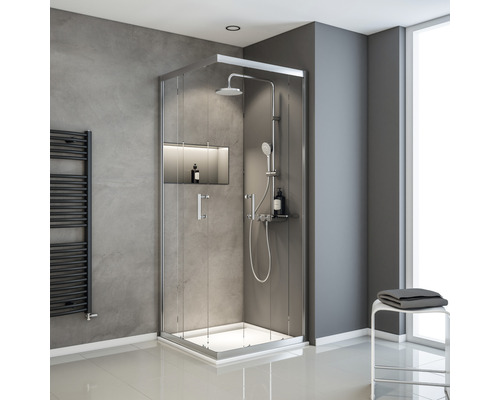 Douche accès d'angle porte coulissante Schulte ExpressPlus Sunny 80 x 80 cm verre transparent couleur profilé chrome