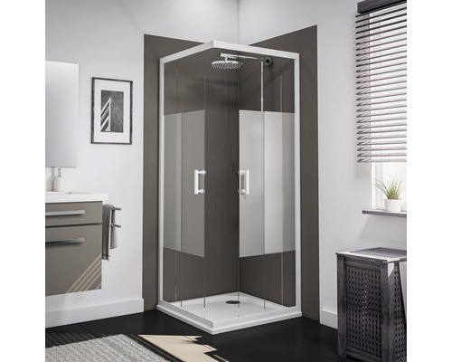 Douche accès d'angle porte coulissante Schulte ExpressPlus Sunny 90 x 90 cm décor Dezent light couleur profilé blanc alpin