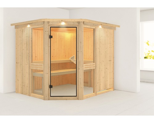 Sauna modulaire Karibu Omelia 3 sans poêle avec couronne et portes entièrement vitrées coloris bronze