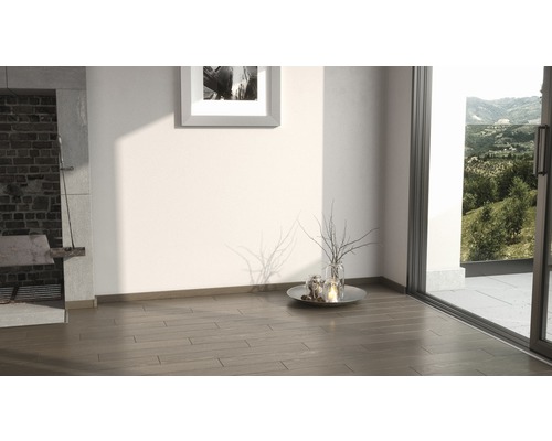 Heller Raum mit Fliesenboden, Kamin und Fenster mit Blick auf die Natur.